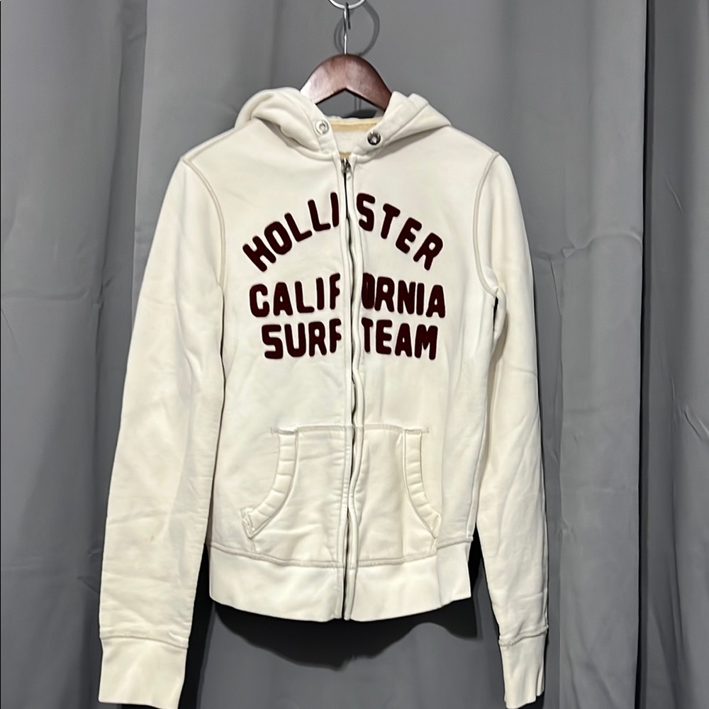 Hollister Cream Hoodie with Maroon Text